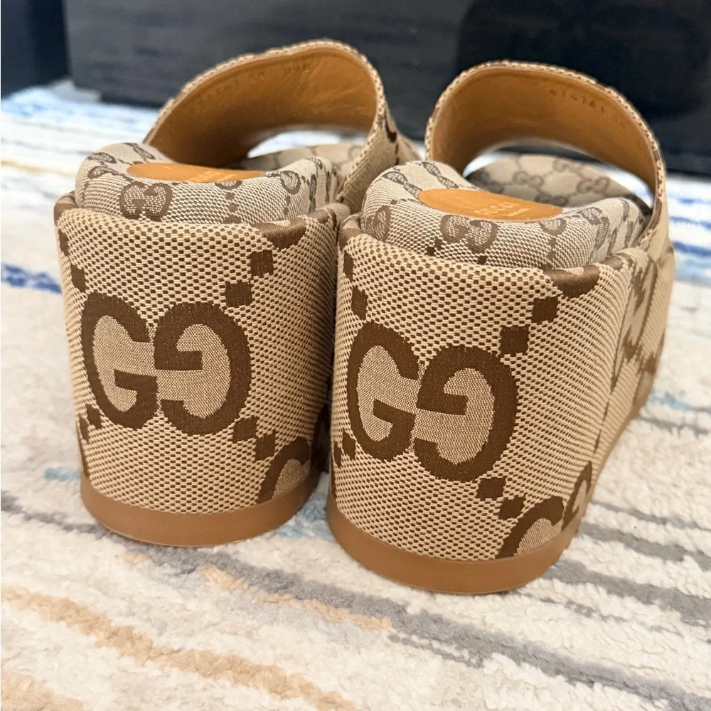 Gucci Beige Brown GG Canvas Platform Slide Sandals
